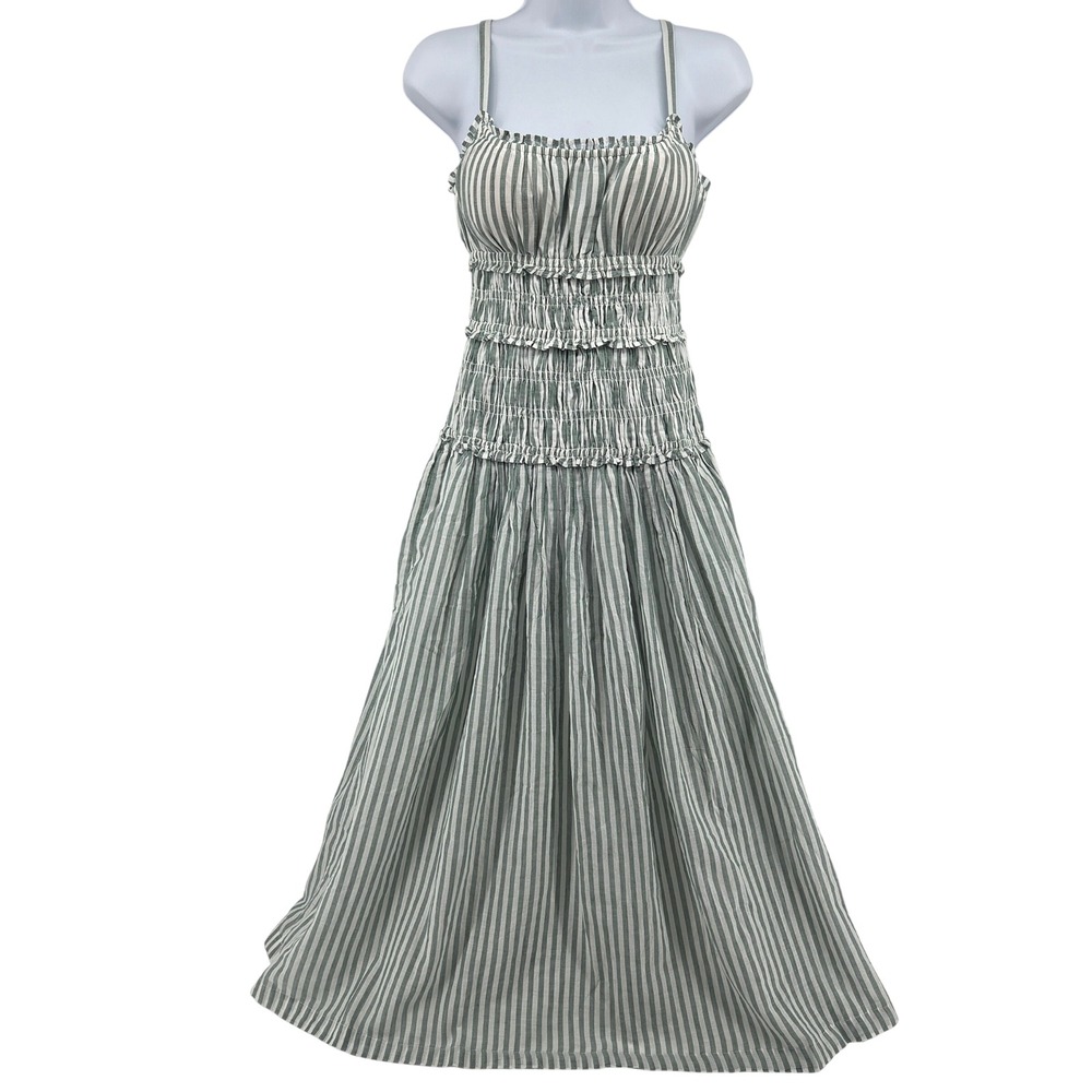 Abercrombie & Fitch Maxi Dress SP Green Striped Smocked Bra-Free Cottagecore - Picture 2 of 11